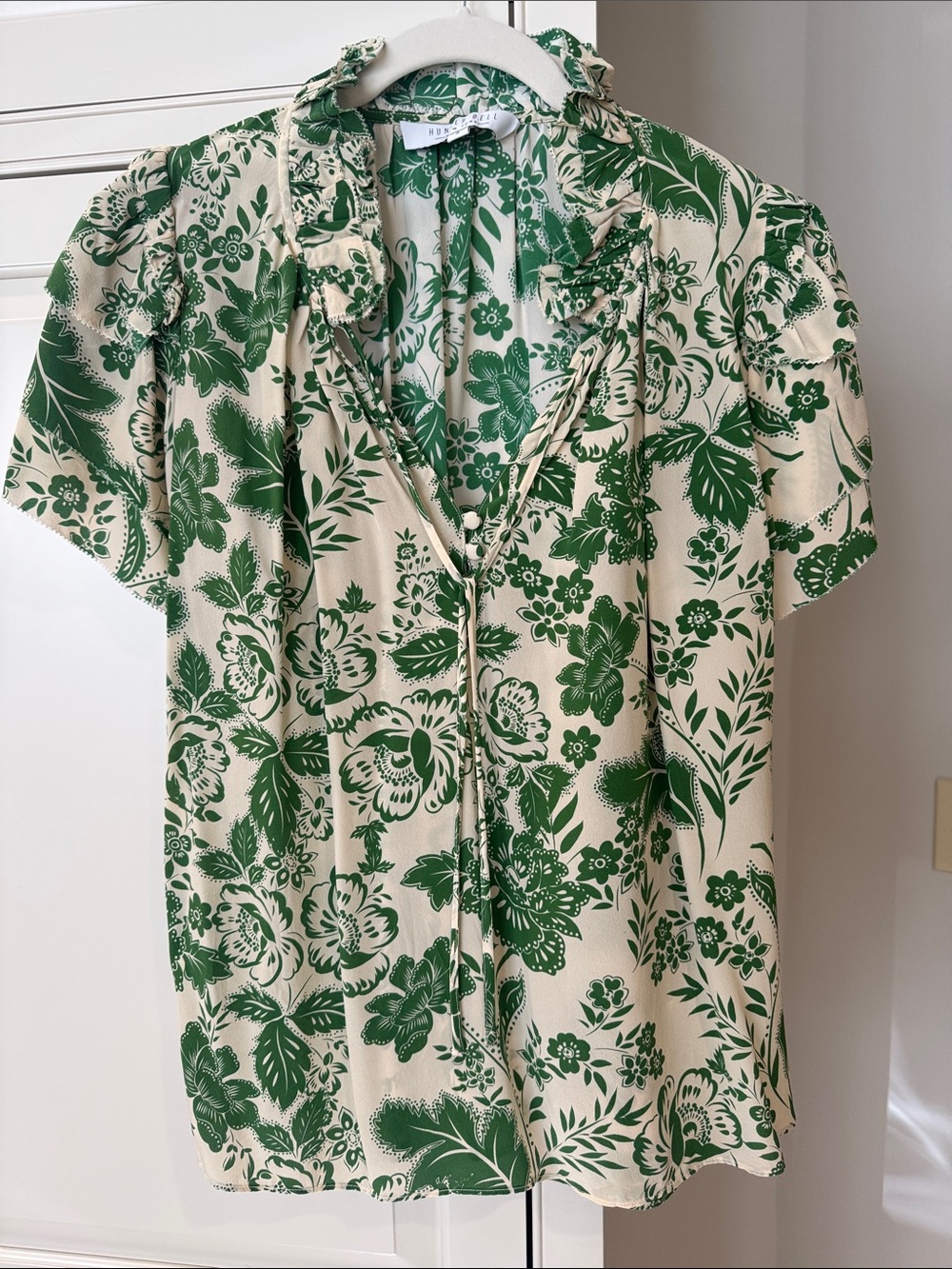 HUNTER BELL Cream and Green Floral Tie-Front Blouse
